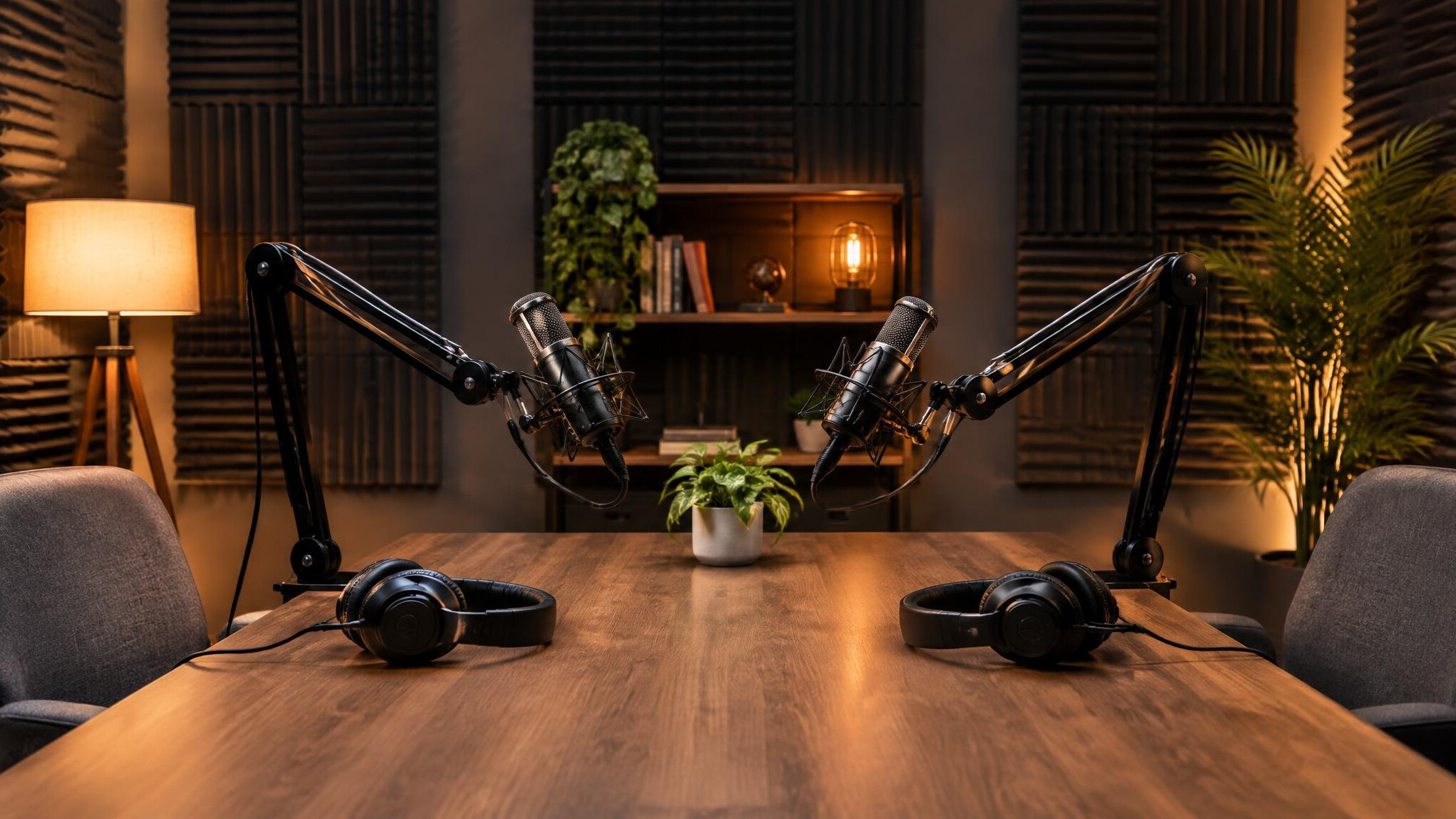 Modern podcast studio with two microphones on boom arms and acoustic panels