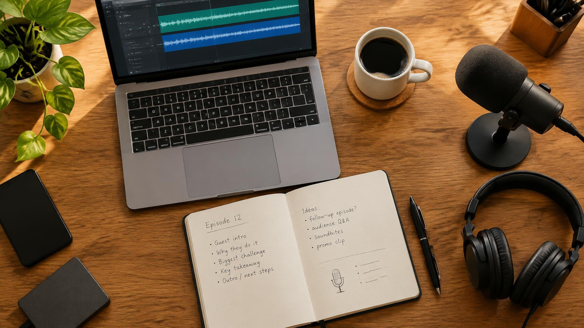 Overhead view of a creative desk with laptop, notebook and coffee
